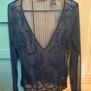 New York & Company Black Sheer Embellished Top